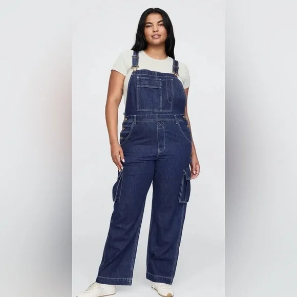 Gap Dark Wash Relaxed Fit Cargo Oversized Overalls Jumpsuit NWOT Large - Picture 4 of 7